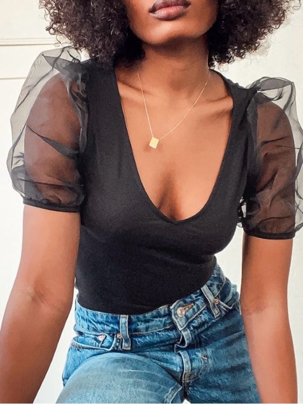 LOVE Black V-Neck Puff-Sleeve Top